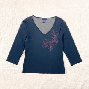 Vintage Micro Mesh Blouse Embroidered Rose Womens Large Vampy Whimsigoth Y2K